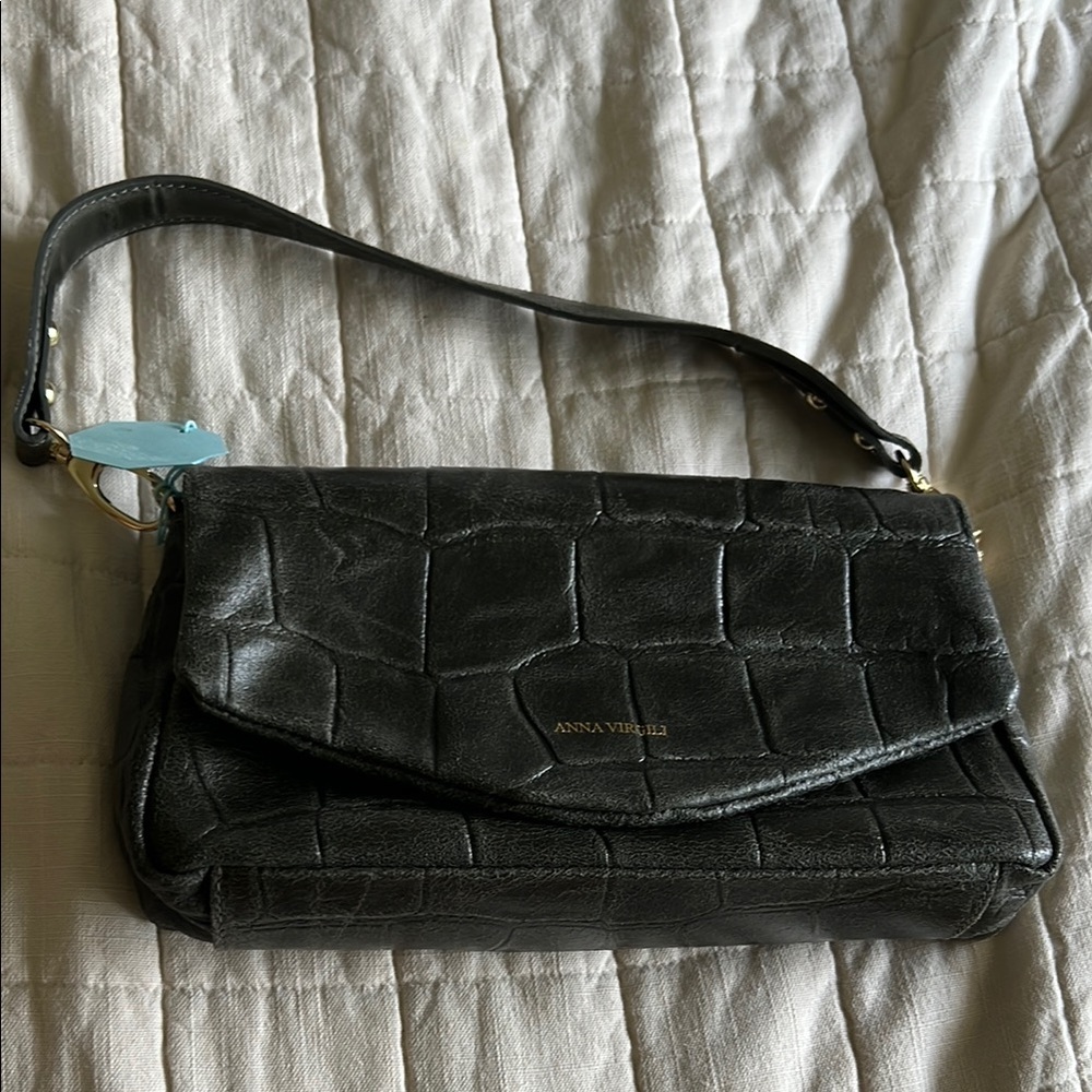 Black Croc-Embossed Shoulder Bag
